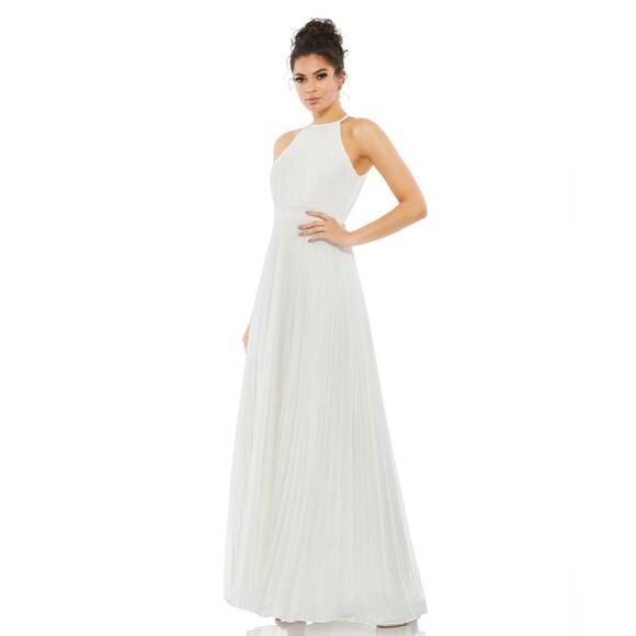 Ieena for Mac Duggal Pleated Chiffon Halter Neck Flowy Gown Dress 12496 White 6 - Picture 1 of 11